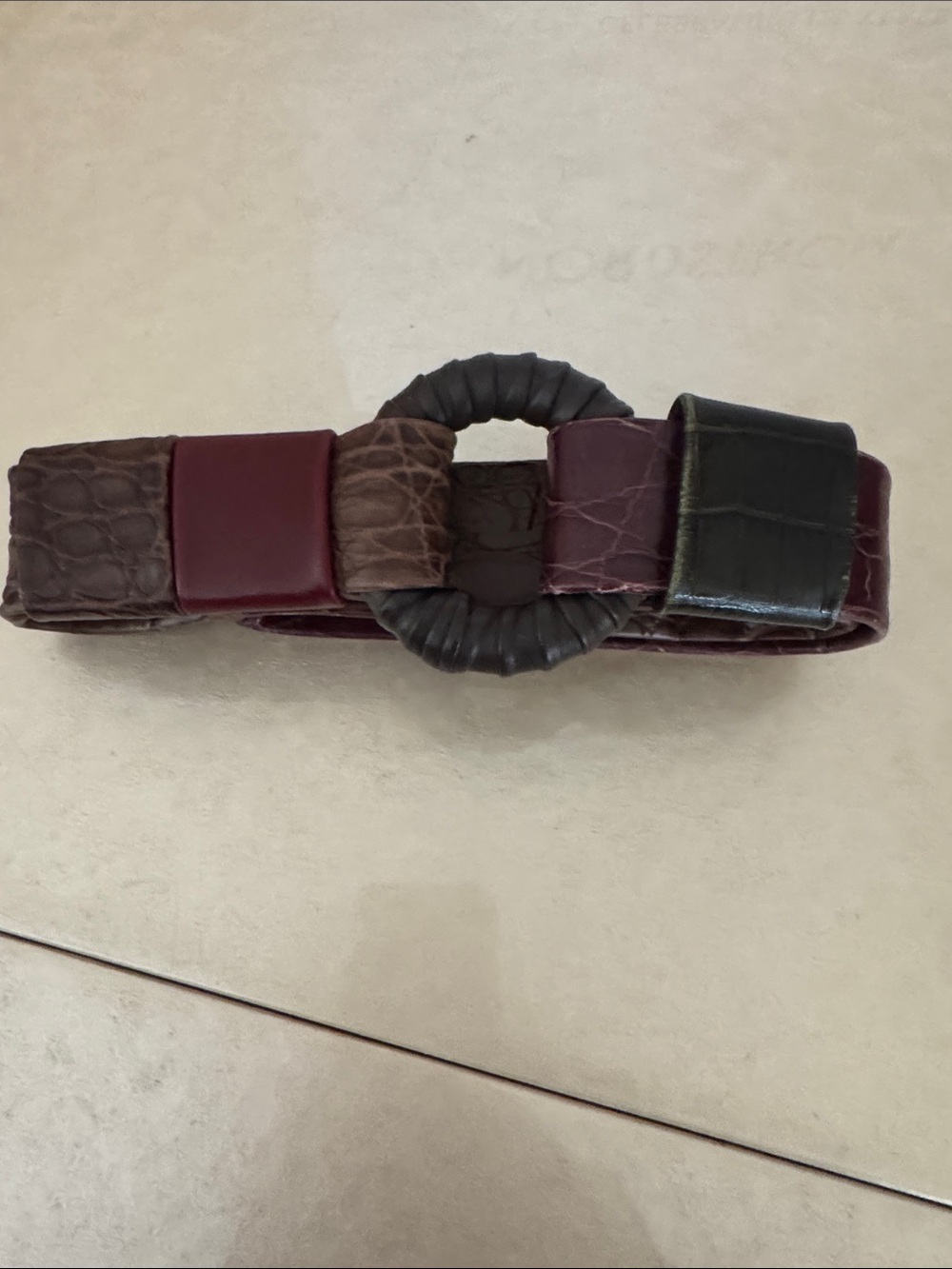 Patchwork Leather Ring Belt in Burgundy, Brown & Black